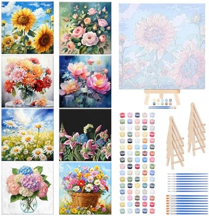 RoundFunny 8 Set Paint by Numbers Drawing Kit for Adults,Vibrant Blooms by RoundFunny