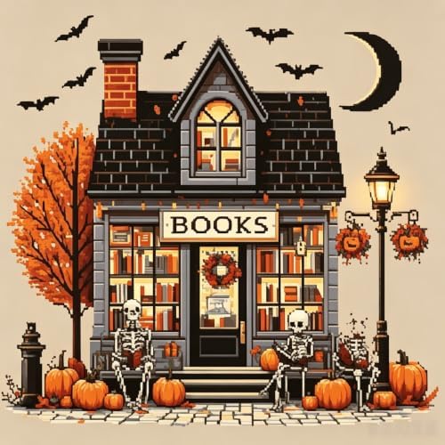 Halloween Bookstore Stamped Cross Stitch Kits for Beginner 13.7x13.7 Inch by Mosaflare