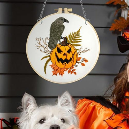 Crafmanoe Halloween Embroidery Starter Kits for Beginners Adults, Fall Pumpkin Stamped Cross Stitch Kits for Beginners Adults, Crow Gothic Embroidery Needlepoint Kits, Hoops, Fabric and Video Tutorial - Image 4