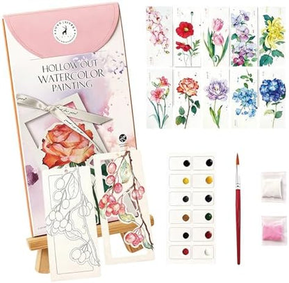 Watercolor Bookmarks to Paint for Adults & Beginners, 10PCS DIY Painting Bookmarks with Hollow Floral Designs, Paint Set, Pen & Glitter, Stress Relief Art Craft Kit, Gift for Book Lovers, Readers by ElvesBeauty