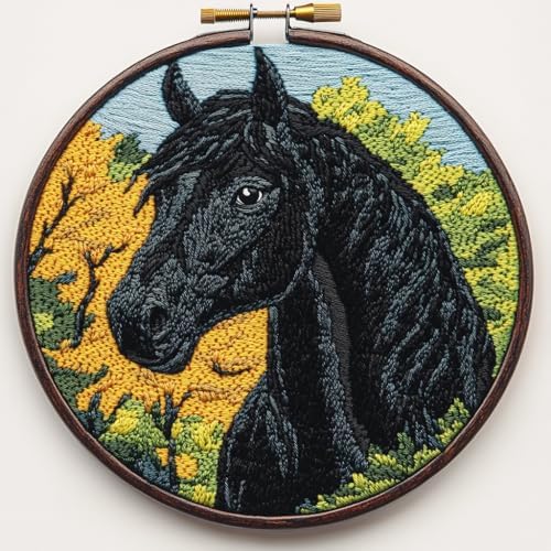 DIY Punch Needle Kits Cartoon Black Horse and Tree with Hoop 20x20cm-1 by Unknown