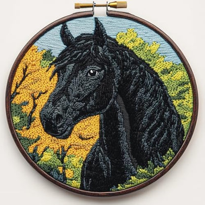 DIY Punch Needle Kits Cartoon Black Horse and Tree with Hoop 20x20cm-1 by Unknown