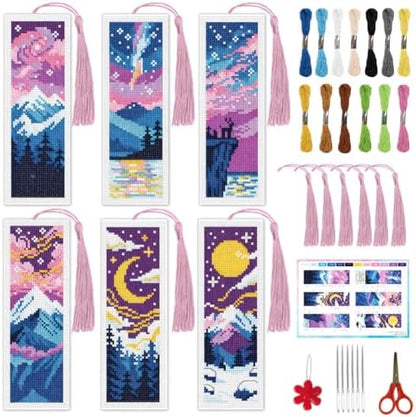 INFUNLY 6 Pack Night Scenery Cross Stitch Bookmark Kit, Dark Mountain Moon Sky Landscape, Stamped Pre-Printed Embroidery Set for Adults Beginners, DIY Craft Gift by INFUNLY
