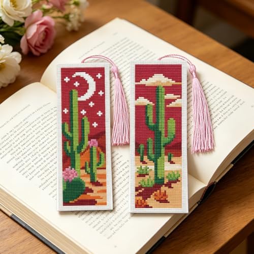 ACRNIGHEET 6PCS Cross Stitch Bookmark Kit for Beginner Stamped Cross Stitch Kits for Adults Cactus DIY Tassel Embroidery Bookmark Kits Needlepoint Kit with Instructions Craft Gift 8.5''x3'' 11CT - Image 5