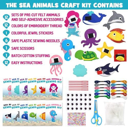 CiyvoLyeen Sea Animals Sewing Kit Mermaid DIY Felt Plush Craft Kit Make Your Own Ocean Animals Gifts for Beginner Boys and Girls Educational Kids Art Craft Supplies Set of 12 - Image 3