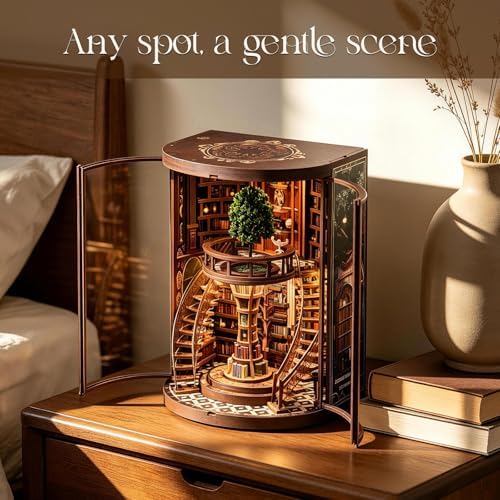 Book Nook Kit, 3D Wooden Puzzles for Adults, DIY Miniature House Kit for Adults, Booknook with LED Light, Gifts for Family, Friends and Book Lovers, Bookshelf Decor(Wisdom Rings) - Image 4