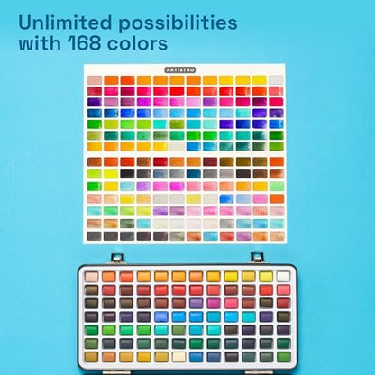 ARTISTRO Deluxe Watercolor Paint Set with Palette & Brush Pens - 168 Colors - Image 3