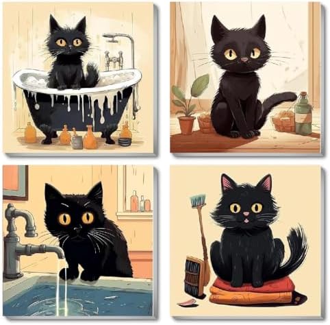 Funny Black Cat Paint by Numbers Kit for Adults Beginners, 4 Pack Cute Cat Easy Framed Adults Paint by Numbers Kits, DIY Black Cat Acrylic Oil Painting Number Kits for Home Wall Decor (8 x 8 Inch) by Fotasmua