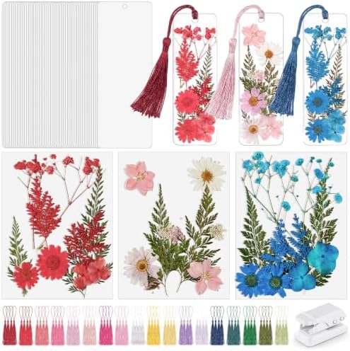 Fuyoooo 61 Pcs Pressed Flower Bookmark Kit,Red Pink Blue,2 x 6 Inch by Liraitoya