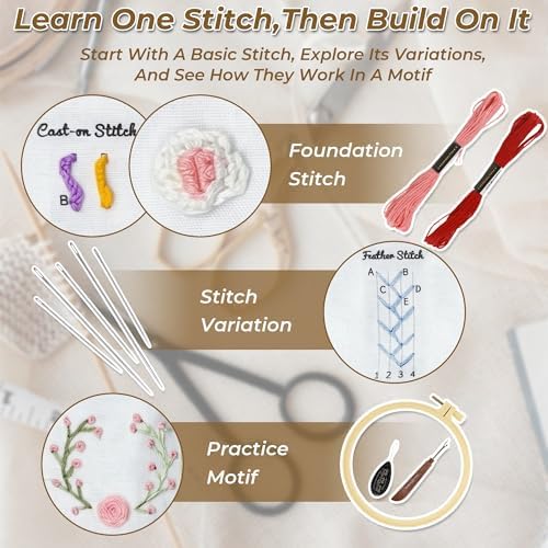 Zisekdy Embroidery Stitch Book Kit for Adults Beginners, 32 Stitches, Hand Embroidery Guide with Floral Patterns, Includes Hoop, Threads and Tools, DIY Sewing Craft Starter Set, Gift for Craft Lovers - Image 6