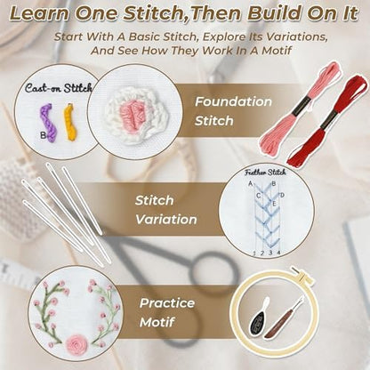 Zisekdy Embroidery Stitch Book Kit for Adults Beginners, 32 Stitches, Hand Embroidery Guide with Floral Patterns, Includes Hoop, Threads and Tools, DIY Sewing Craft Starter Set, Gift for Craft Lovers - Image 6