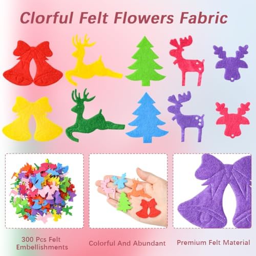 SUNNYCLUE 300Pcs 5 Styles Christmas Embellishments Felt Shapes Random Mixed Colorful Non Woven Fabric Holiday Xmas Tree Bell Deer Shape Handmade Ornaments for DIY Craft Sewing Clothes Bags Decoration - Image 7