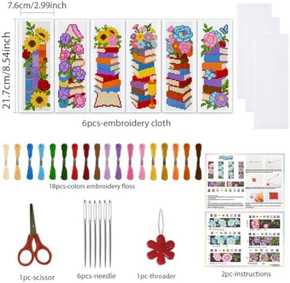 ORIGACH 6 Set Stacked Books & Flower Cross Stitch Bookmark Kit for Beginner - Image 2