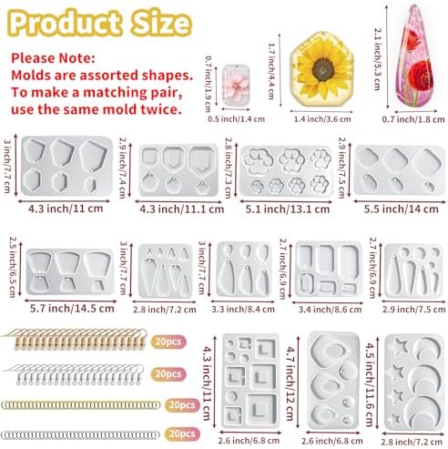 92 Pcs 12 Pack Resin Jewelry Making Kit, Silicone Earring Molds with Gold & Silver Hooks & Jump Rings, Flexible Non-Stick Molds for Epoxy Resin Casting, DIY Craft - Image 2