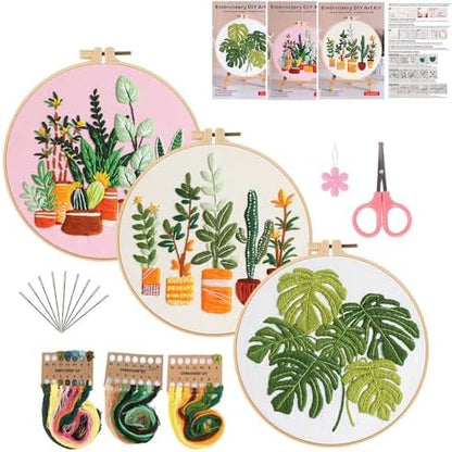 Konrisa Embroidery Kits for Adults Beginner, European Style Garden Plant Green Leaf Stamped Embroidery Starter Kit,DIY Sewing Practice, Needlepoint Cross Stitch Kit,Set of 3 by Konrisa