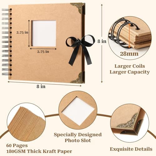 8 x 8 Inch Scrapbook Album 60 Pages with Scrapbooking DIY Kits. Window Photo Album with Scrapbook Tapes Stickers and Metallic Markers. Craft Memory Book for Wedding Baby Birthday Family Anniversary - Image 3