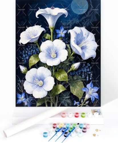 Sceorixa Floral Paint By Numbers Kit for Adults - DIY White Moonflowers Painting On Canvas 16X20 in, Acrylic Paint Set, Suitable for Beginners, Wall Decor Art for Home Decoration Or Gifts, Unframed - Image 3