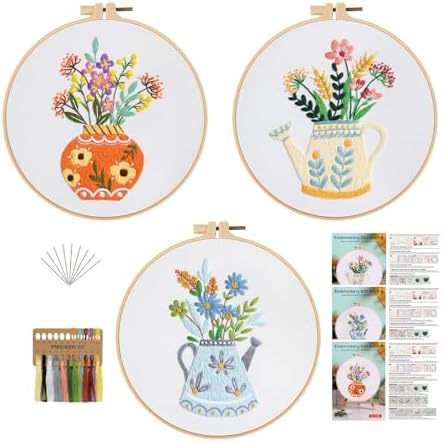 GLTAYLMY 3pcs Embroidery Starter Kit with Vase Pattern, Stamped Cross Stitch Kits for Beginners Adults with Embroidery Hoop and Instructions, Hand Embroidery Kit by GLTAYLMYFortuneSmilesonJoyfulTradingwithEveryone
