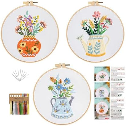 GLTAYLMY 3pcs Embroidery Starter Kit with Vase Pattern, Stamped Cross Stitch Kits for Beginners Adults with Embroidery Hoop and Instructions, Hand Embroidery Kit by GLTAYLMYFortuneSmilesonJoyfulTradingwithEveryone