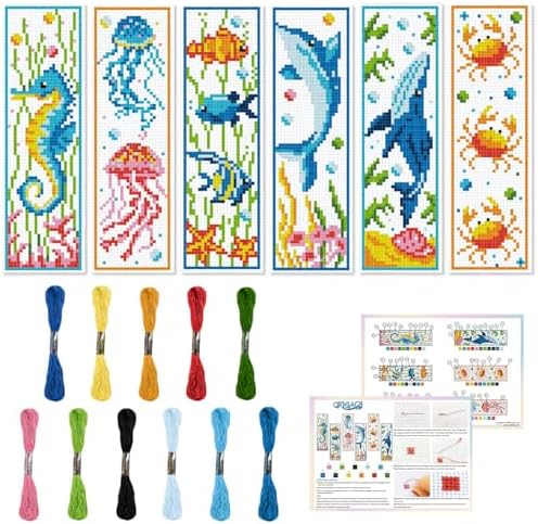 ORIGACH 6 Set Marine Animals Cross Stitch Bookmark Kit for Beginner with Backing Felt Floss Instructions DIY Stamped Embroidery Bookmark Kit for Adults, Book Lovers by ORIGACH