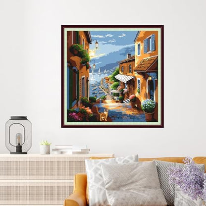 Dooxvey Cross Stitch Kits for Adults Beginners,Full Range of Cross-Stitch Stamped Kits Needlepoint Kits for Beginners Embroidery Kits 11CT Cross Stitch Patterns-Seaside Street Scenery 18x18 inch - Image 2