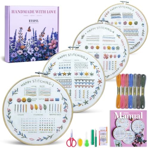 ETSPIL Beginner Embroidery Kit, 4K Video, 4 Floral Patterns, Gift Box by ETSPIL
