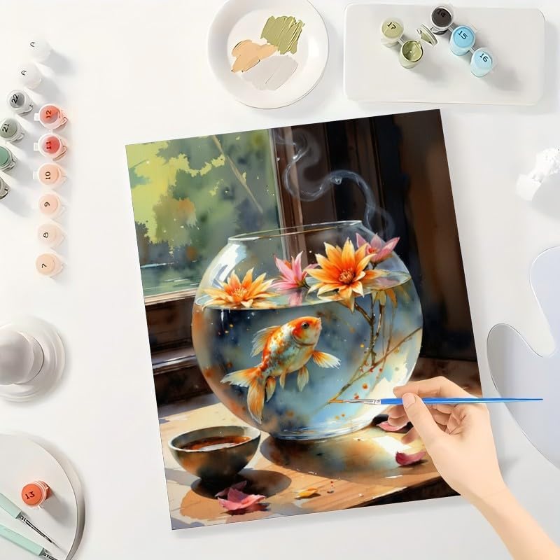 TAOPAOLAB Still Life Paint by Numbers Kit for Adults - DIY Goldfish Bowl and Lotus Flowers Painting on Canvas 16x20 inch, Acrylic Paint Set, Suitable for Beginners, Art for Home Decoration or Gifts - Image 3