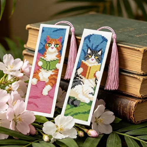 ACRNIGHEET 6PCS Cross Stitch Bookmark Kit for Beginner Stamped Cross Stitch Kits for Adults Cute Reading Cat DIY Tassel Embroidery Bookmark Kits Needlepoint Kit with Instructions Gift 8.5''x3'' 11CT - Image 5
