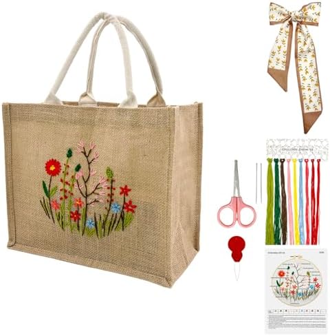 SNAIL GARDEN Linen Tote Bag DIY Embroidery Kit for Beginners with Scarf, Printed Cross Stitch Craft Kit with Thread, Needle & Guide – Reusable Grocery Bag for Women by SNAILGARDEN