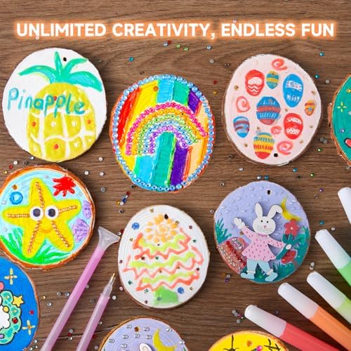 Kids Wood Painting Craft Kit, Glow-in-the-Dark Paint and Diamond Painting on Wood Slices with Stickers & Wiggle Eyes, Ideal Arts and Crafts for Kids Ages 5-12, Gifts for Halloween, Christmas, Birthday - Image 4