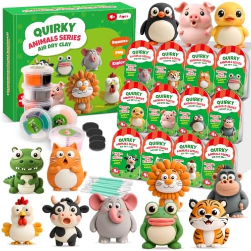 Kasfalci Air Dry Clay Kit for Kids, 12 Animals Modeling Magic Clay Sculpting Set, DIY Party Favors Arts & Crafts for Kids Ages 4-6-8-12, Ultra Light & Soft, Safe & Non-Stick with Tools & Tutorials by Kasfalci