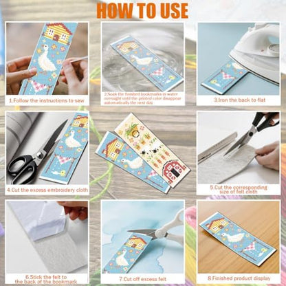 FREEBLOSS 6 Set Cross Stitch Bookmark Kit for Beginner Adults Farm Animal Stamped Embroidery Bookmark Kits Cross Stitch Kits with Instruction Bookmarks Making Kit for Book Lovers 8x2.4in/20x6cm - Image 5