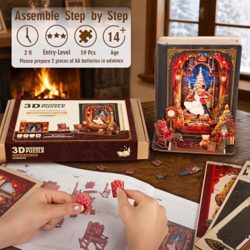 Book Nook Kit Waltz on a Snowy Night, 3D Wooden Puzzle with LED Lights, DIY Miniature Model Kit Room Home Decor, Holiday Birthday Christmas Day Gifts for Men Women Teens - Image 3
