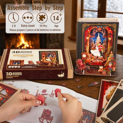 Book Nook Kit Waltz on a Snowy Night, 3D Wooden Puzzle with LED Lights, DIY Miniature Model Kit Room Home Decor, Holiday Birthday Christmas Day Gifts for Men Women Teens - Image 3