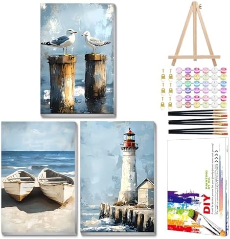 Mandun Beach Paint by Numbers Kit for Adults, 3 Pack, 7.8x11.8 inch by MANDUN
