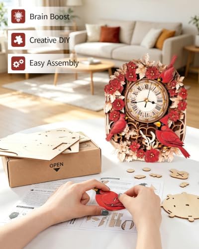 3D Puzzles for Adults-Wooden Cardinal Clock Puzzle DIY Clock Model Kit - Image 3
