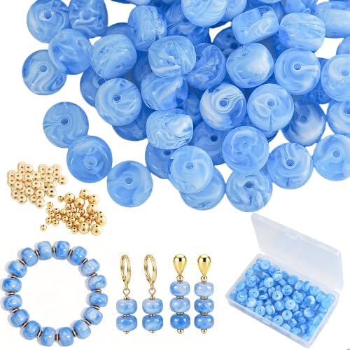 100Pcs 14mm Large Acrylic Beads for Jewelry Making, Chunky Marbled Round Focal Beads Bulk Set with Spacer Beads for DIY Bracelets Necklaces Keychains Bag Charms (Light Blue) by YUJIEJewelry