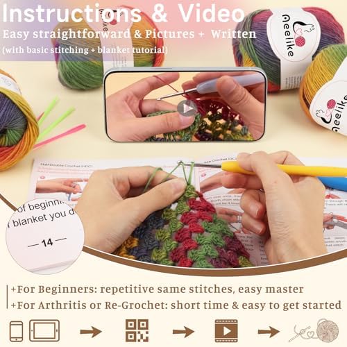 Aeelike Crochet Blanket Kit for Adults,Vedio Tutorial,Wool Yarn 10 Skeins - Image 6