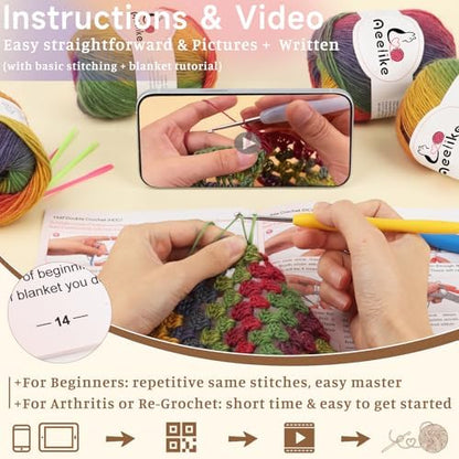 Aeelike Crochet Blanket Kit for Adults,Vedio Tutorial,Wool Yarn 10 Skeins - Image 6