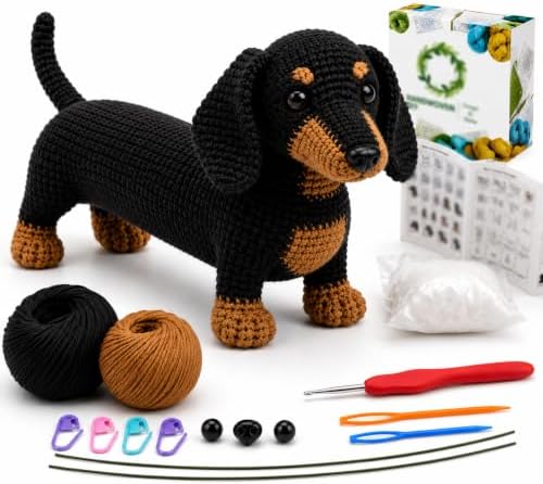 FACE N FACE Dachshund Amigurumi Crochet Kit, Black and Tan Dog with Yarn by FaceNFace