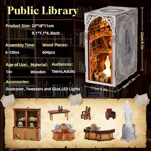 MiniCity Public Library DIY Book Nook Kit, Miniature House Puzzle with LED - Image 2