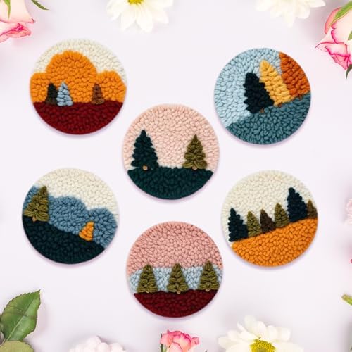 Starter Needle Coasters Kit, Punch Needle Embroidery DIY Set for Beginners Adults, Easy Coasters Kit with Adhesive Felt, Yarns, Embroidery Hoop (Multi landscape2) - Image 4