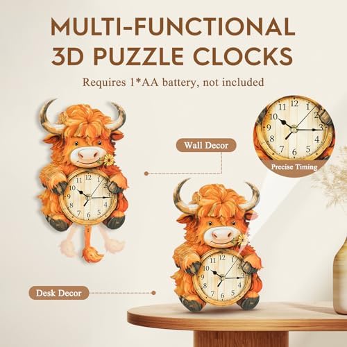 3D Puzzles for Adults Highland Cow Puzzle Clock Adult Crafts - Image 4