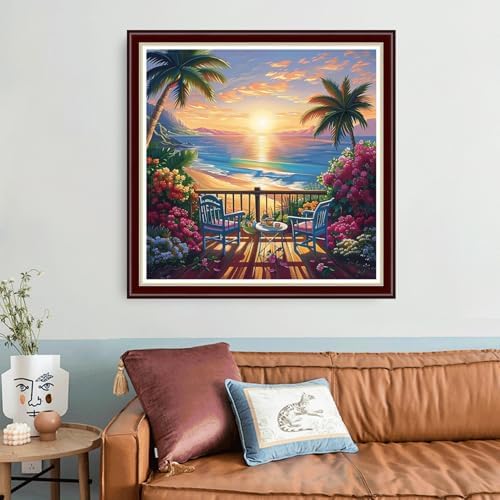 Joyhoor Cross Stitch Kits for Beginners Stamped Cross-Stitch Supplies Needlework preprint Embroidery Kits for Adults DIY Needlepoint Kit Embroidery Patterns 11CT-Seaside Tea Scenery 18x18 inch - Image 2
