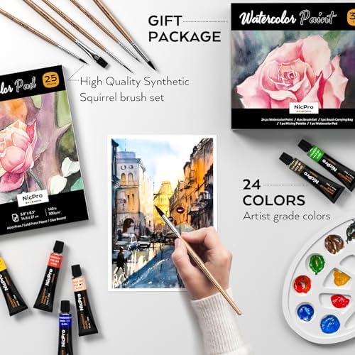Nicpro 24 Colors Watercolor Paint Set (12ml/0.4oz Tube) for Adults, Artist - Image 2