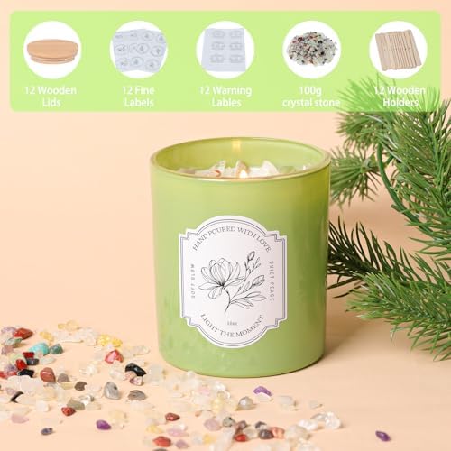 12 Pcs 10oz Green Glass Candle Jars with Lids & Crystals for Candle Making - Image 5