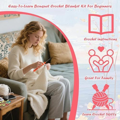 Yarniss Rose Crochet Blanket Kit for Beginners, Yarn & Video Tutorial - Image 5