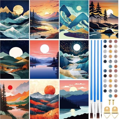 Gueevin 10 Pack Paint by Numbers Kit for Adults Mountain Paint by Number DIY Acrylic Painting Canvas Without Frame, Brushes Simple Oil Painting for Home Wall Decor Gifts 12 x 16 Inch(Mountain Style) by Gueevin