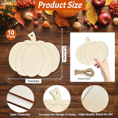 Large Size 7inch Wooden Halloween Thanksgiving Ornaments to Paint,Pumpkin Cutouts Unfinished DIY Blank Unfinished Pumpkin Wood Discs Ornament for Crafts Hanging Autumn Decorations 10PCS - Image 2
