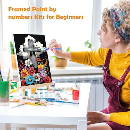 MOGTAA Cross Paint by Numbers Kit for Adults Beginners with Frame, Flowers Adult Paint by Number Kits on Canvas with Easel, Easy DIY Oil Painting Kits for Home Decor, 8x12in - Image 4